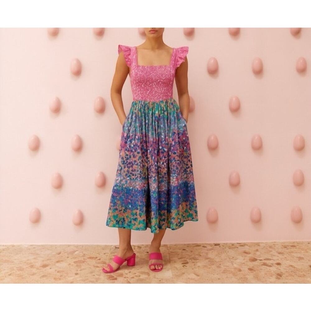 Caroline Constas Floral Tiered Midi Dress Large Pink Colorful Cottagecore Open - Picture 10 of 10